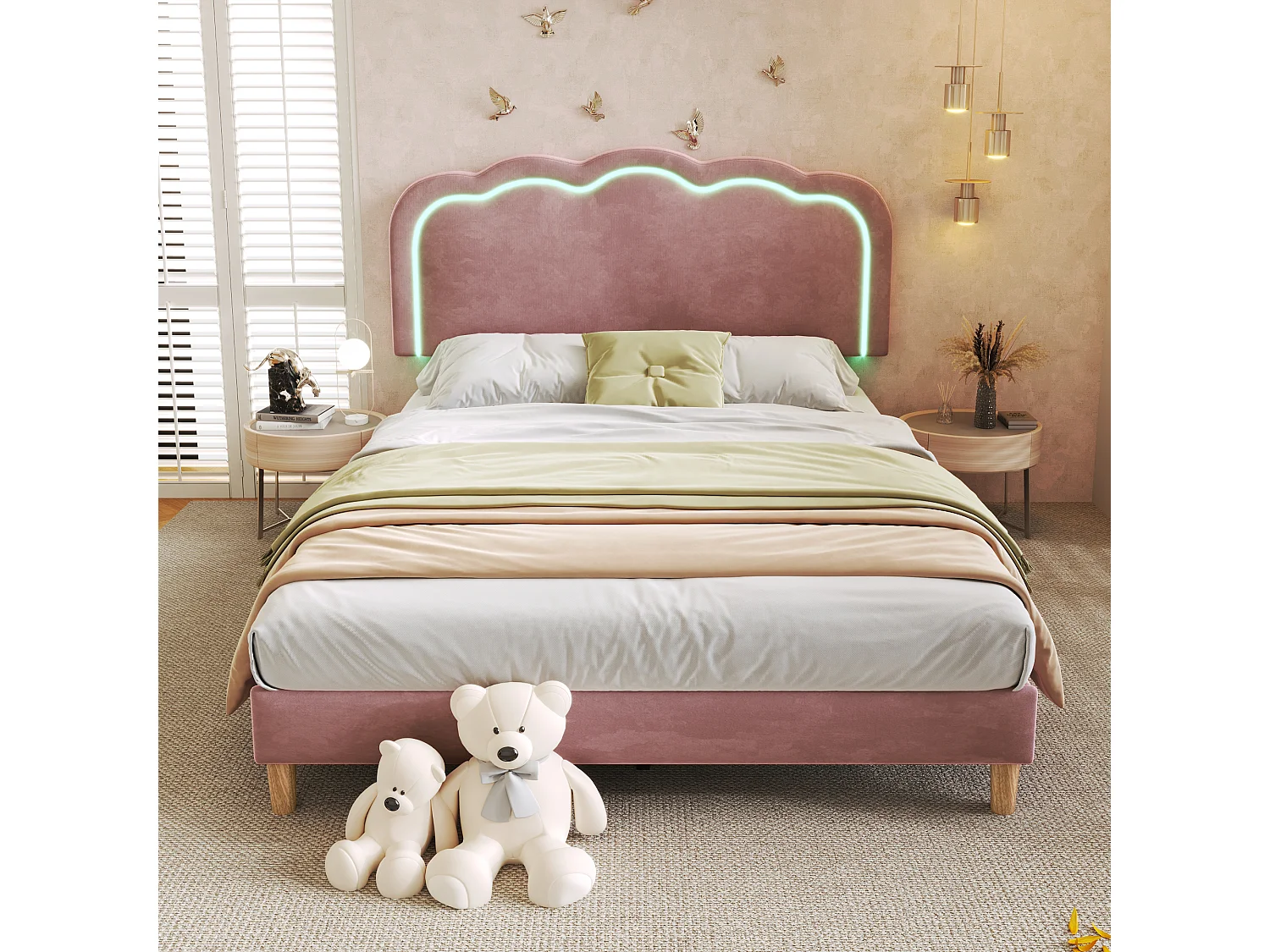 Lit Rembourré Velours 140x200, Tête Pouf LED Réglable Hauteur, Éclairage Ambiance Multicolore, Musique Mode, Confort Doux, Rose