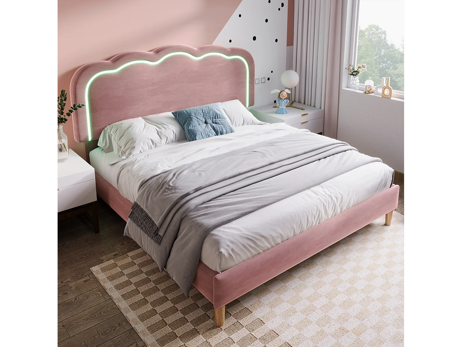 Lit Rembourré Velours 140x200, Tête Pouf LED Réglable Hauteur, Éclairage Ambiance Multicolore, Musique Mode, Confort Doux, Rose