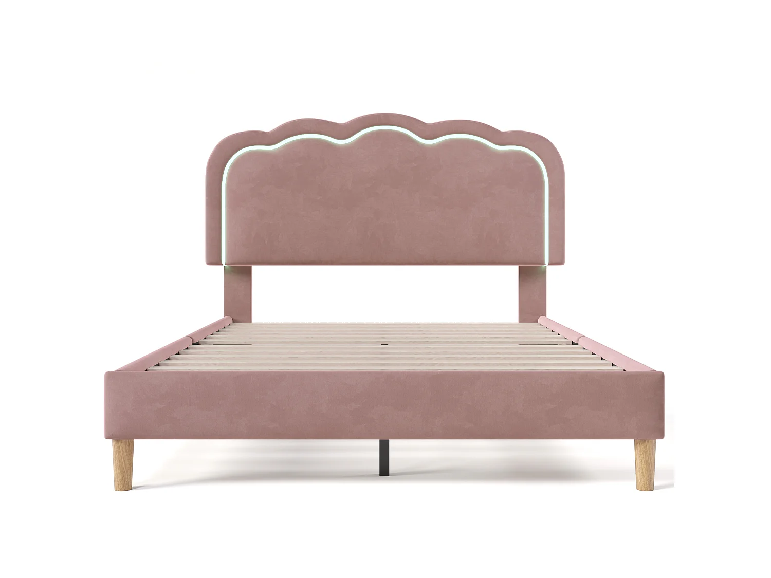 Lit Rembourré Velours 140x200, Tête Pouf LED Réglable Hauteur, Éclairage Ambiance Multicolore, Musique Mode, Confort Doux, Rose