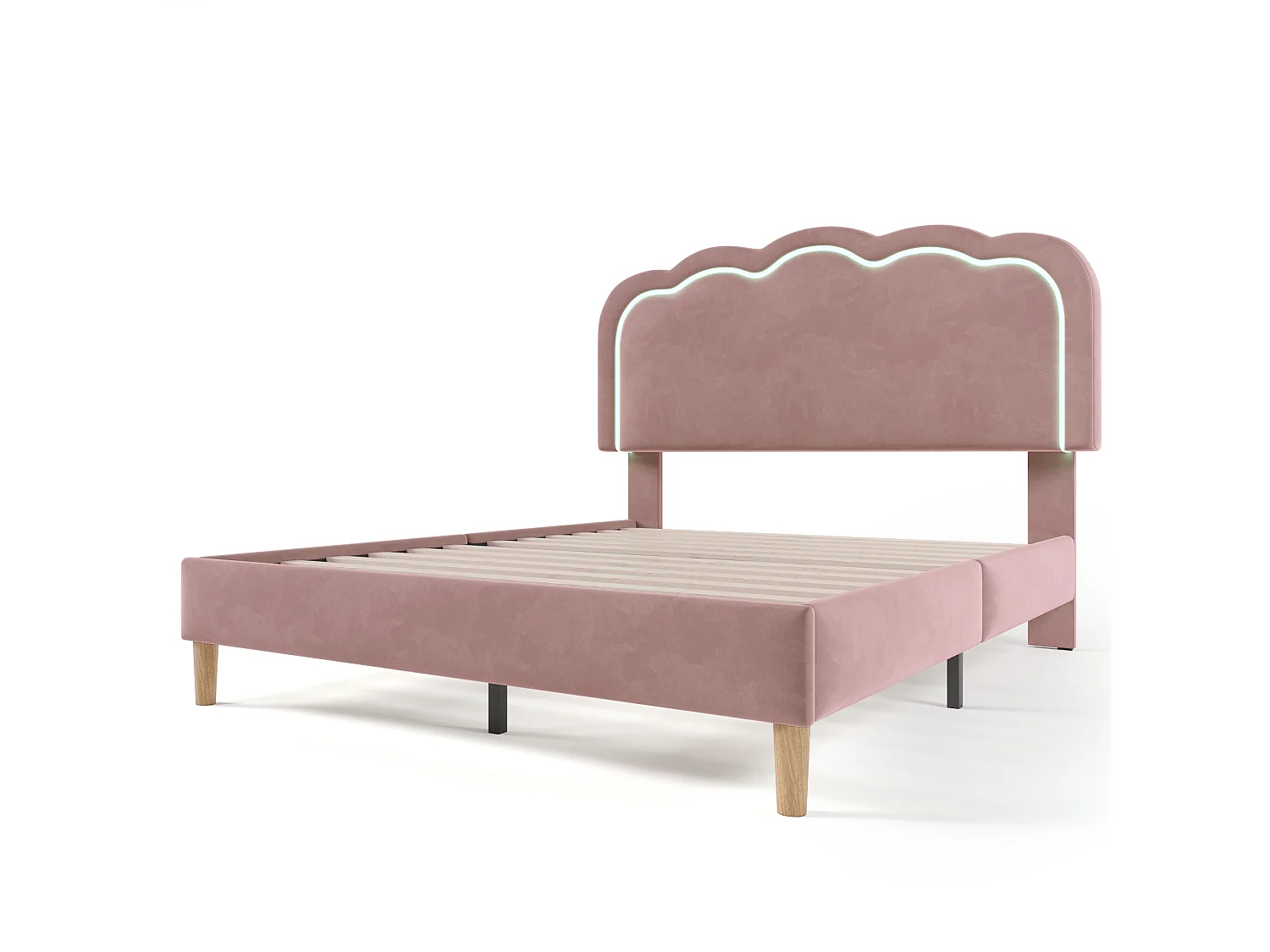 Lit Rembourré Velours 140x200, Tête Pouf LED Réglable Hauteur, Éclairage Ambiance Multicolore, Musique Mode, Confort Doux, Rose