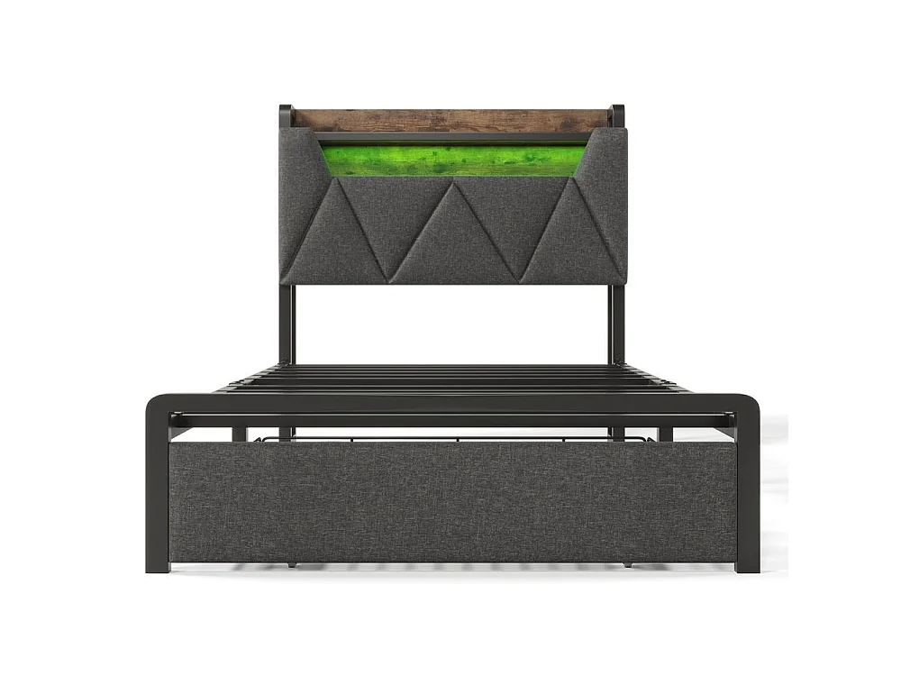 Lit Double 90x200 cm, Capitonné, USB C, LED, Télécommande, APP, Tête Lit Rangement, 2 Tiroirs, Métal, Matelas Inclus, Gris