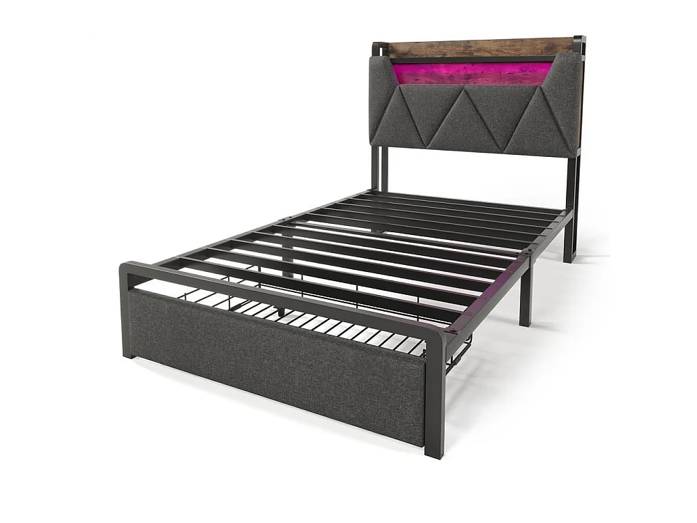 Lit Double 90x200 cm, Capitonné, USB C, LED, Télécommande, APP, Tête Lit Rangement, 2 Tiroirs, Métal, Matelas Inclus, Gris