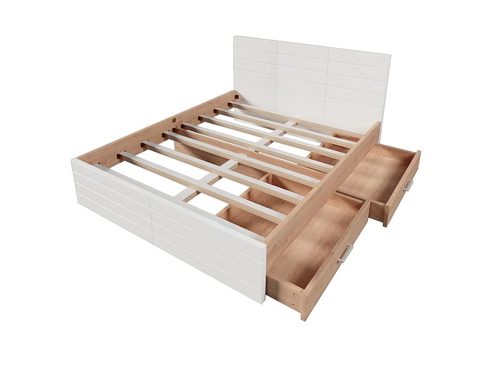 Lit Double 160x200 cm, Bois Chêne, 2 Tiroirs, Rangement Sous Lit, Lattes Inclus, Moderne, Sans Matelas, Blanc