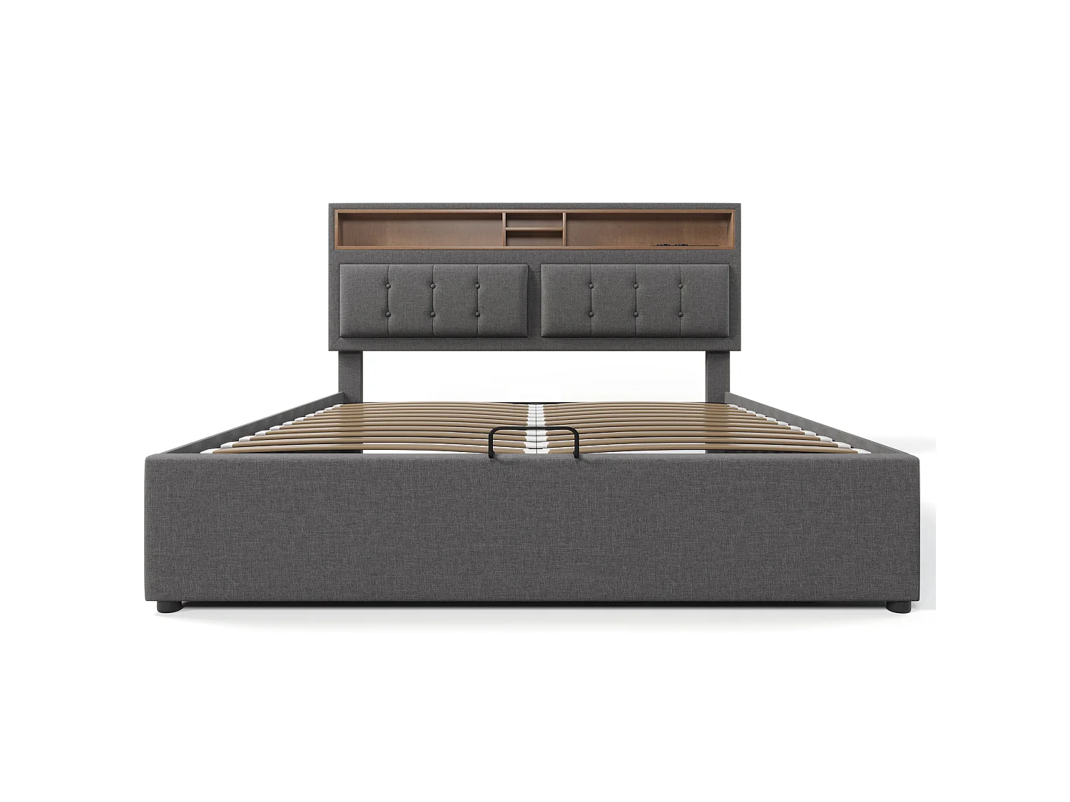 Lit double 160x200 avec rangement,prise USB C,tête de lit réglable,sommier inclus,structure en lin, Gris