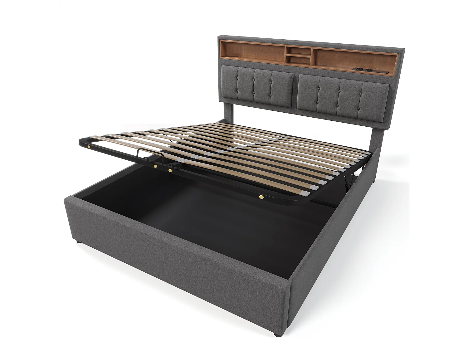 Lit double 160x200 avec rangement,prise USB C,tête de lit réglable,sommier inclus,structure en lin, Gris