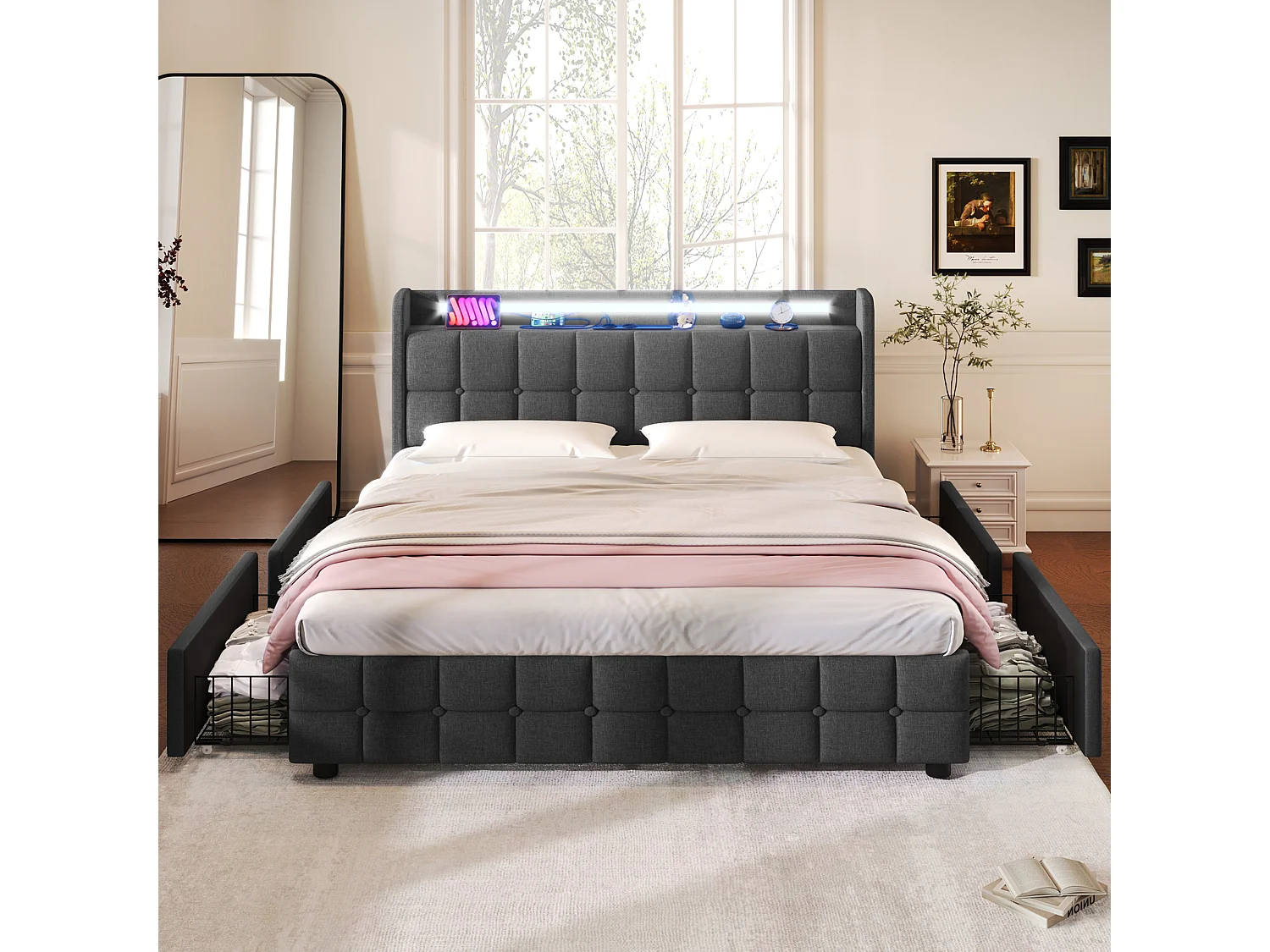 Lit Rembourré 180x200 Gris, Tête LED USB Prises EU, 4 Tiroirs Roulants Verrouillables, Structure Fer, Capacité 270kg, sans Matelas