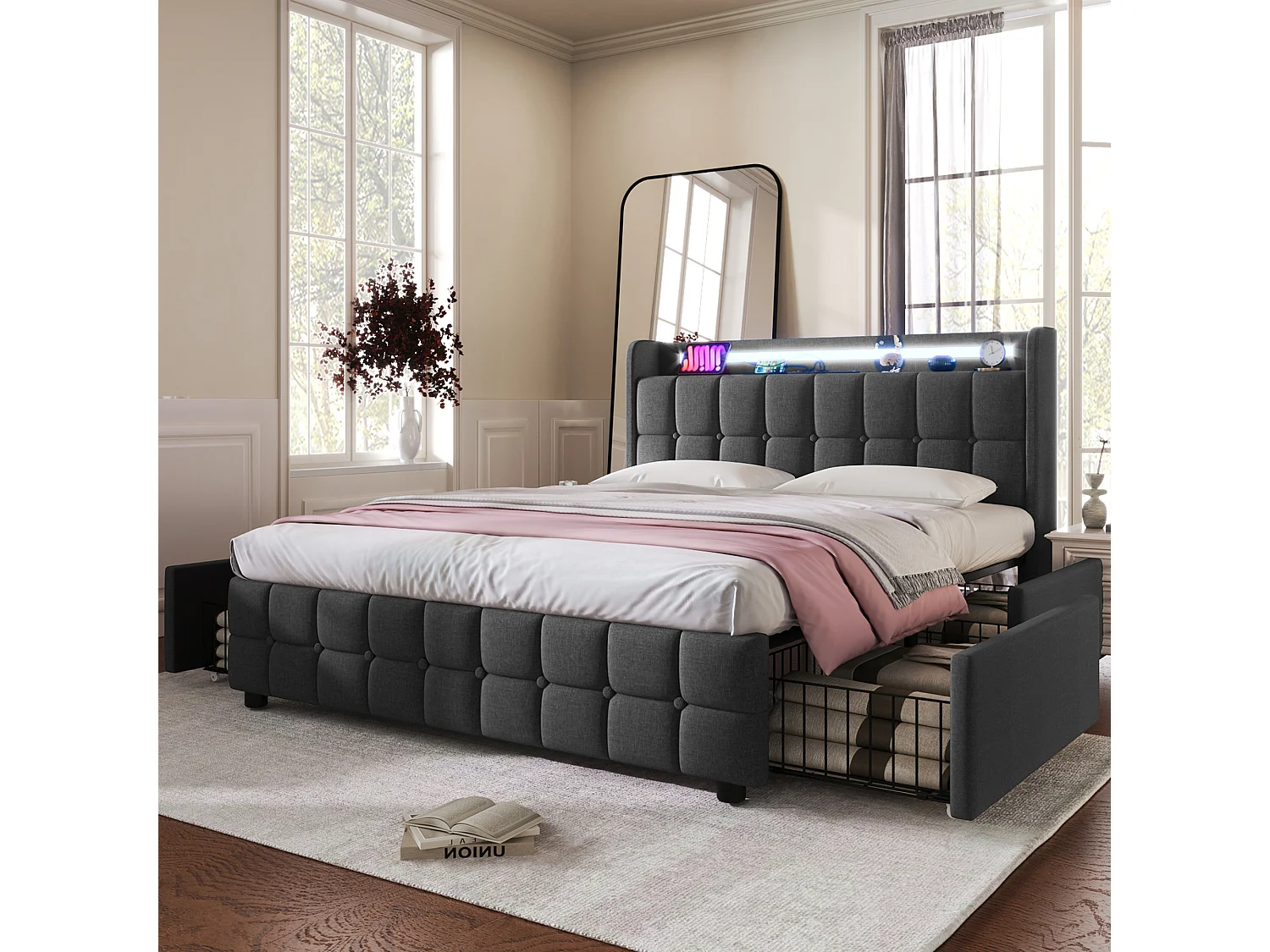 Lit Rembourré 180x200 Gris, Tête LED USB Prises EU, 4 Tiroirs Roulants Verrouillables, Structure Fer, Capacité 270kg, sans Matelas