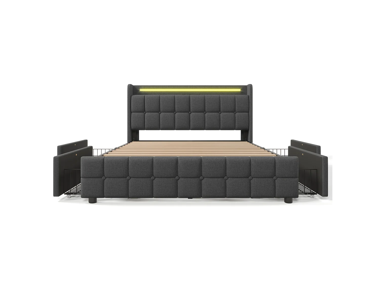 Lit Rembourré 180x200 Gris, Tête LED USB Prises EU, 4 Tiroirs Roulants Verrouillables, Structure Fer, Capacité 270kg, sans Matelas