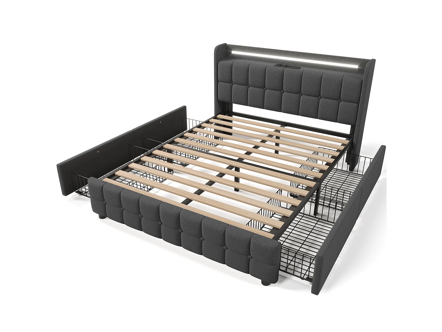 Lit Rembourré 180x200 Gris, Tête LED USB Prises EU, 4 Tiroirs Roulants Verrouillables, Structure Fer, Capacité 270kg, sans Matelas