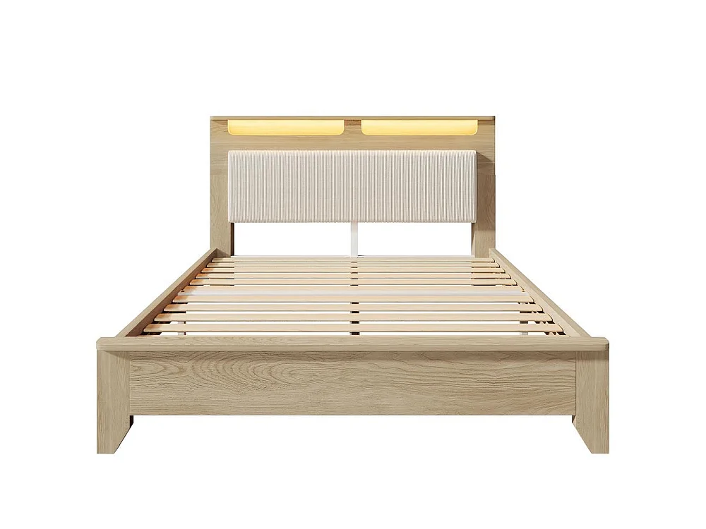Lit Bois 140x200 cm avec Matelas, Tête de Lit Rangement, LED, Velours Côtelé, Chêne Clair, Lit Double, Beige
