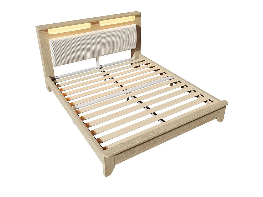 Lit Bois 140x200 cm avec Matelas, Tête de Lit Rangement, LED, Velours Côtelé, Chêne Clair, Lit Double, Beige