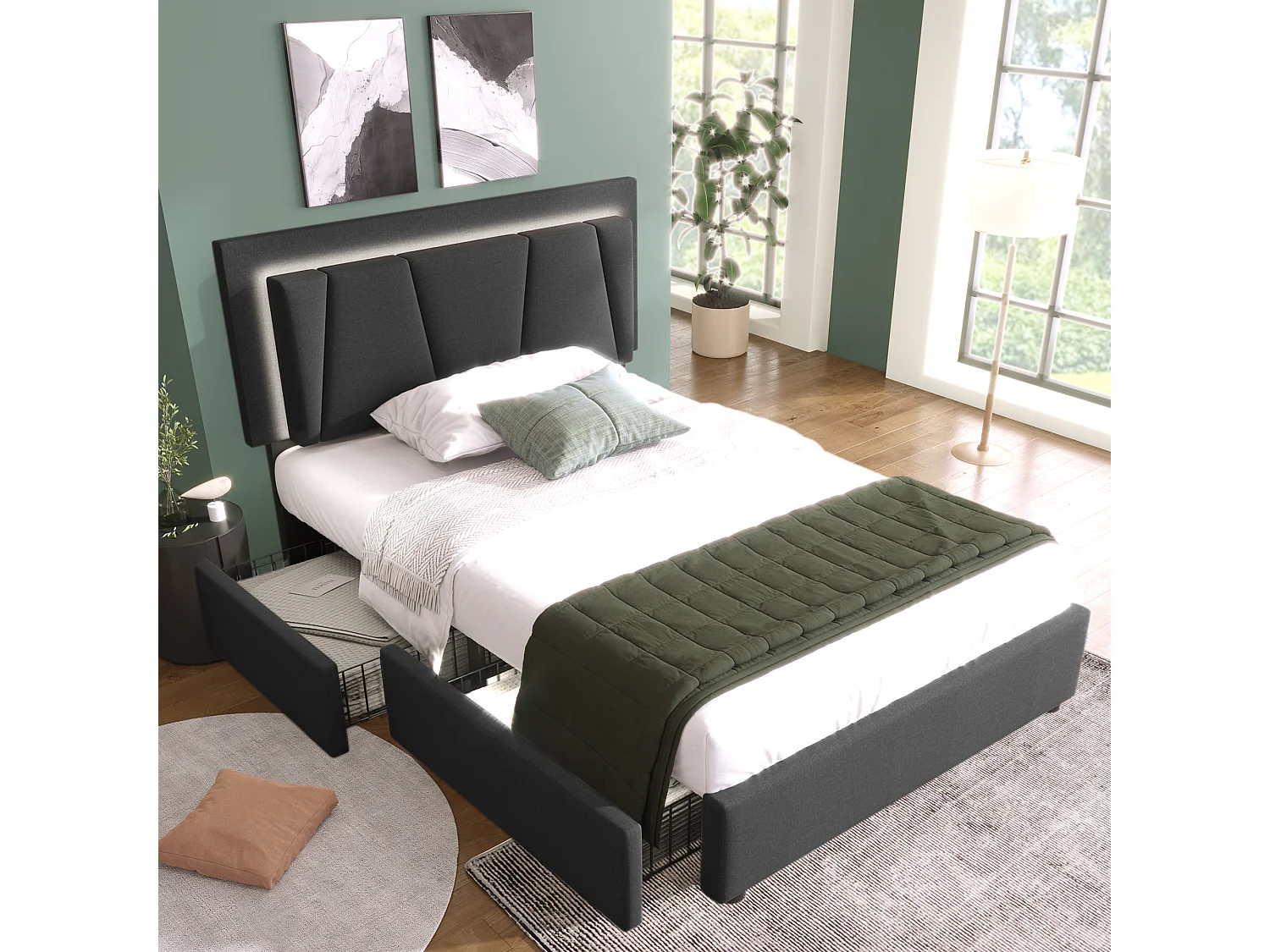 Lit simple 90x200,gris,sans matelas,LED télécommande,2 tiroirs,tête réglable,sommier bois,style géo,300 livres