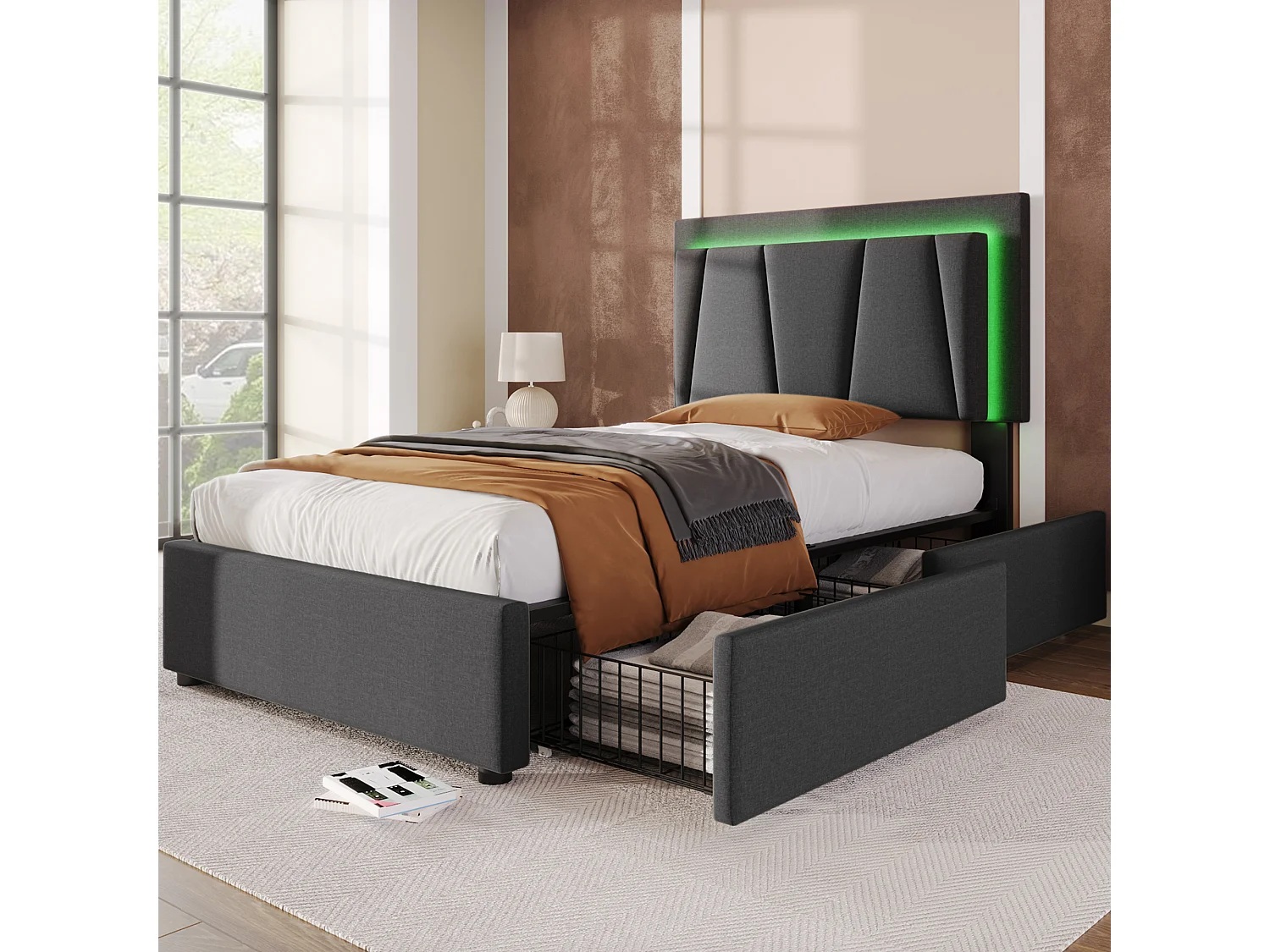 Lit simple 90x200,gris,sans matelas,LED télécommande,2 tiroirs,tête réglable,sommier bois,style géo,300 livres