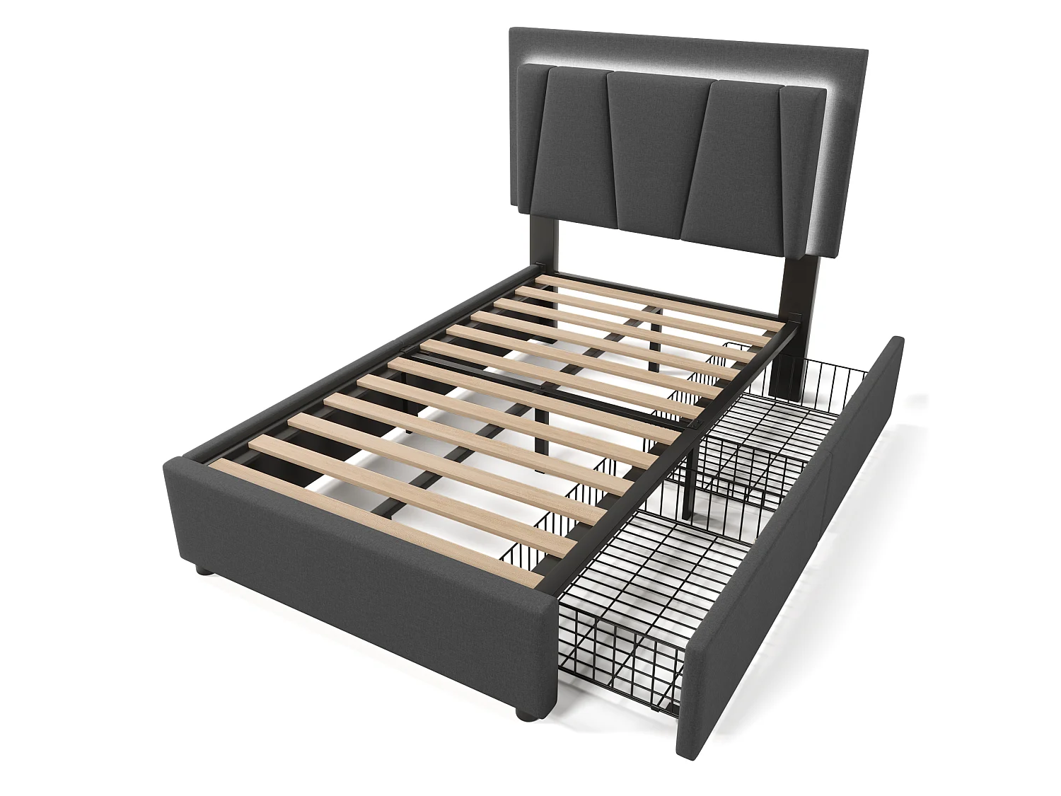 Lit simple 90x200,gris,sans matelas,LED télécommande,2 tiroirs,tête réglable,sommier bois,style géo,300 livres