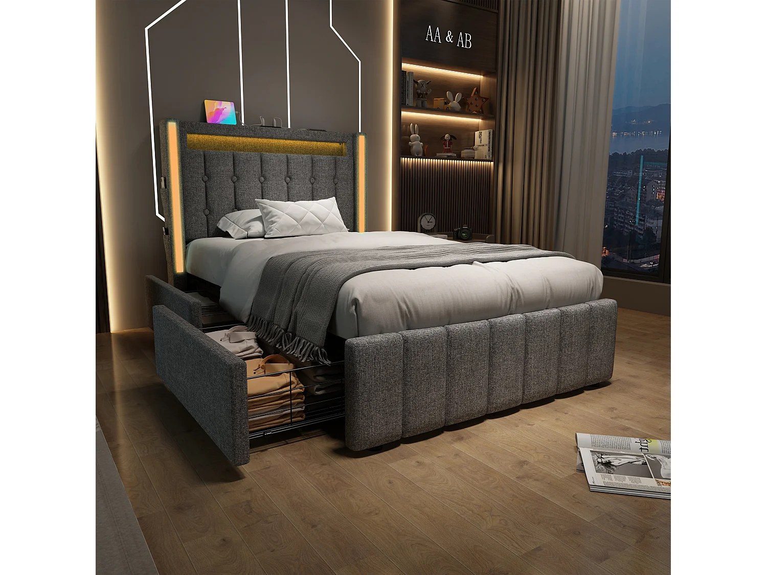 Lit 90x200 cm, Tête de Lit avec USB Type C, LED Contrôlable par App, 2 Tiroirs, Sommier à Lattes Bois Inclus, Sans Matelas, Gris