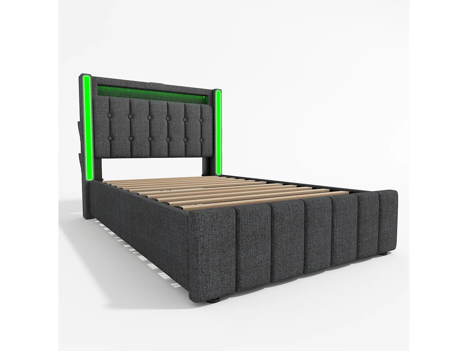 Lit 90x200 cm, Tête de Lit avec USB Type C, LED Contrôlable par App, 2 Tiroirs, Sommier à Lattes Bois Inclus, Sans Matelas, Gris