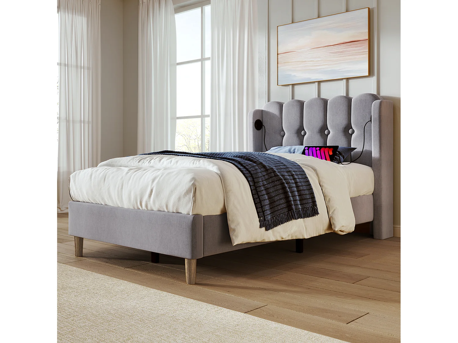 Lit simple 90x200 cm, ports USB Type-C, tête de lit panel, cadre robuste, sommier inclus, sans matelas, lin gris