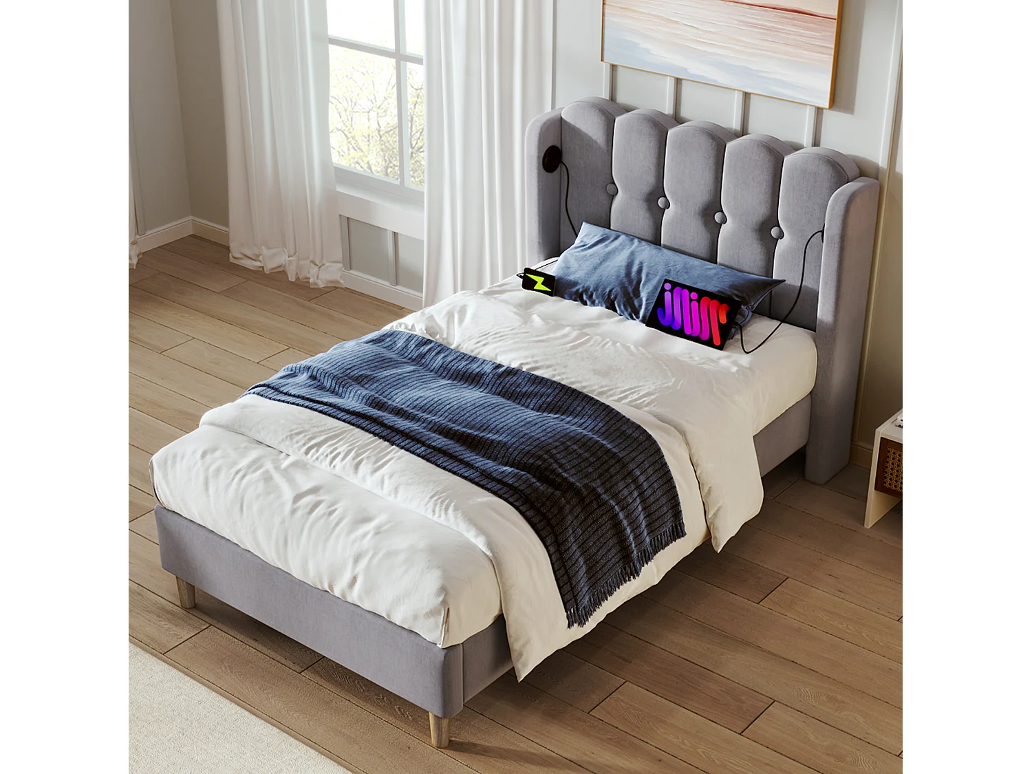 Lit simple 90x200 cm, ports USB Type-C, tête de lit panel, cadre robuste, sommier inclus, sans matelas, lin gris