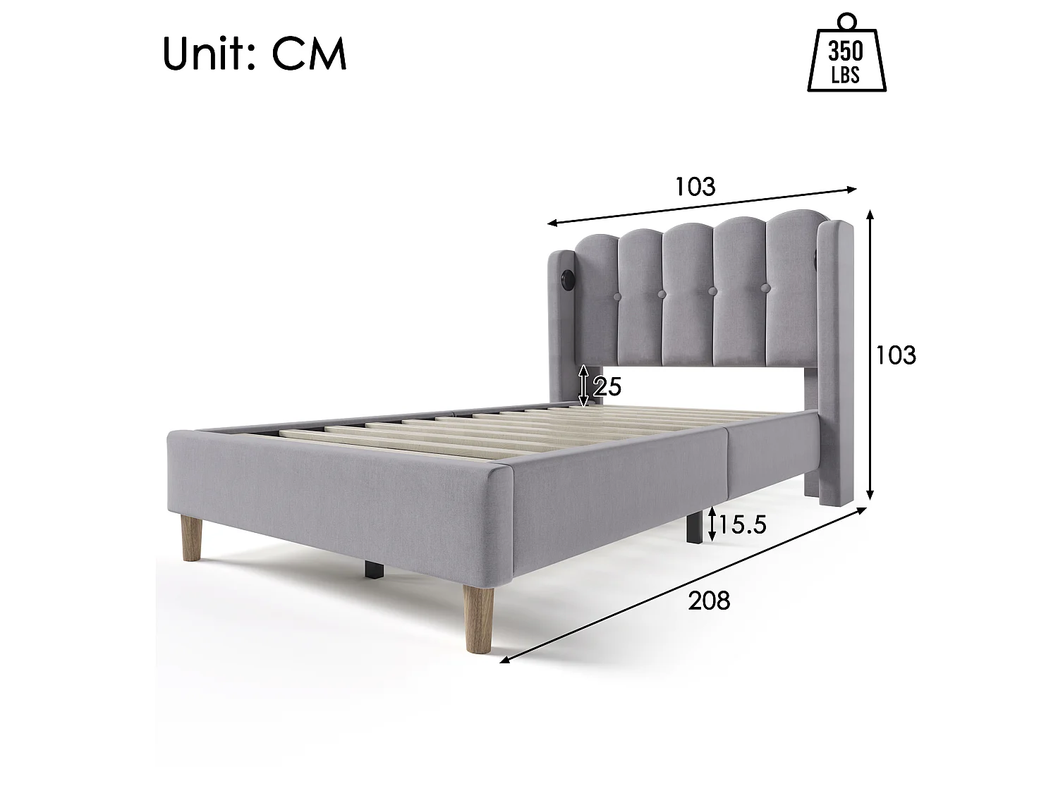 Lit simple 90x200 cm, ports USB Type-C, tête de lit panel, cadre robuste, sommier inclus, sans matelas, lin gris