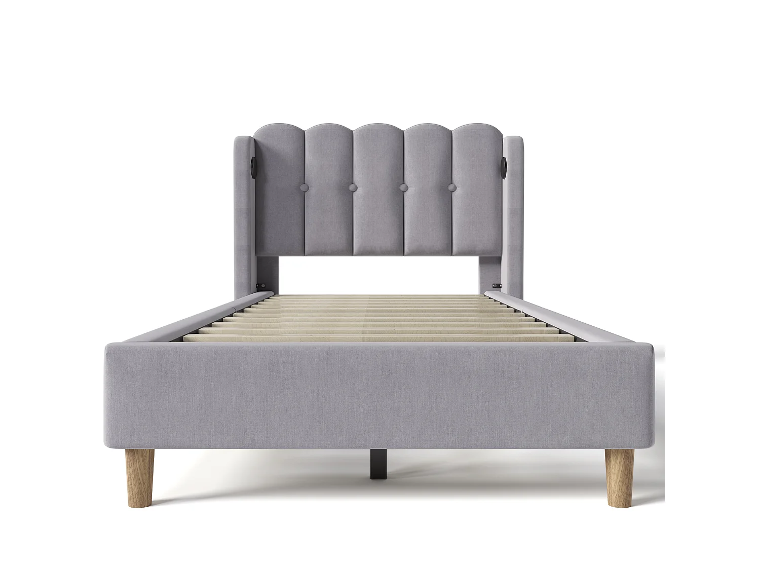 Lit simple 90x200 cm, ports USB Type-C, tête de lit panel, cadre robuste, sommier inclus, sans matelas, lin gris