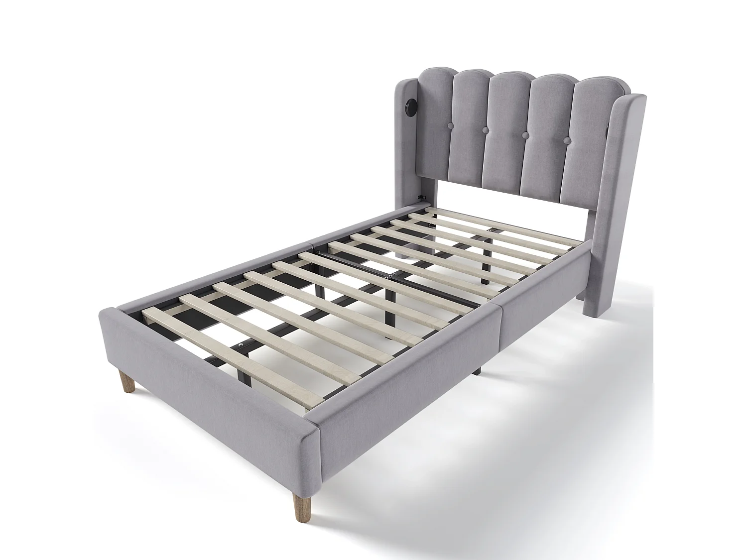 Lit simple 90x200 cm, ports USB Type-C, tête de lit panel, cadre robuste, sommier inclus, sans matelas, lin gris