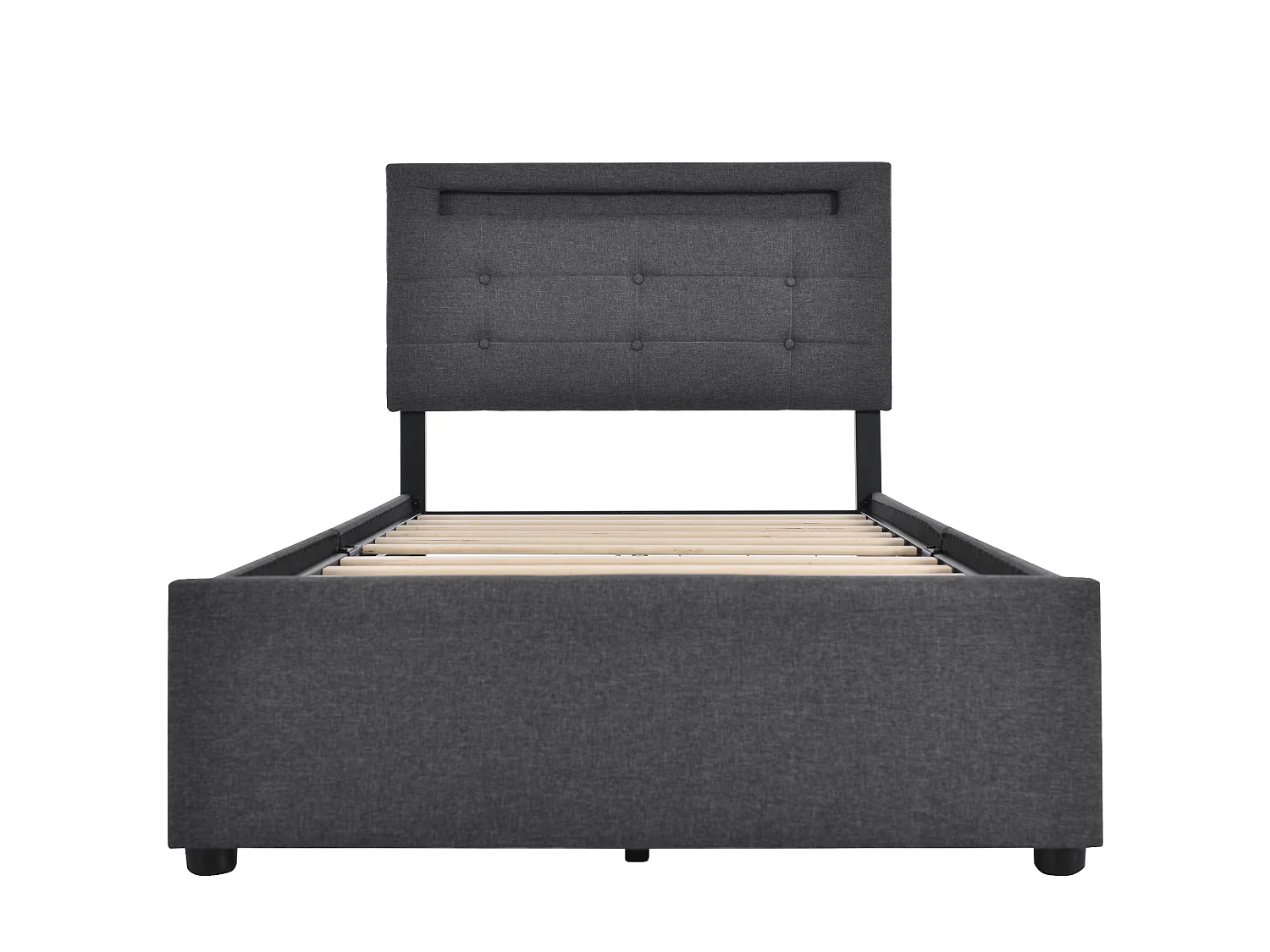 Lit simple 90x200, LED télécommande, 2 tiroirs, cadre bois, tête réglable, antidérapant, sans matelas, design moderne, gris