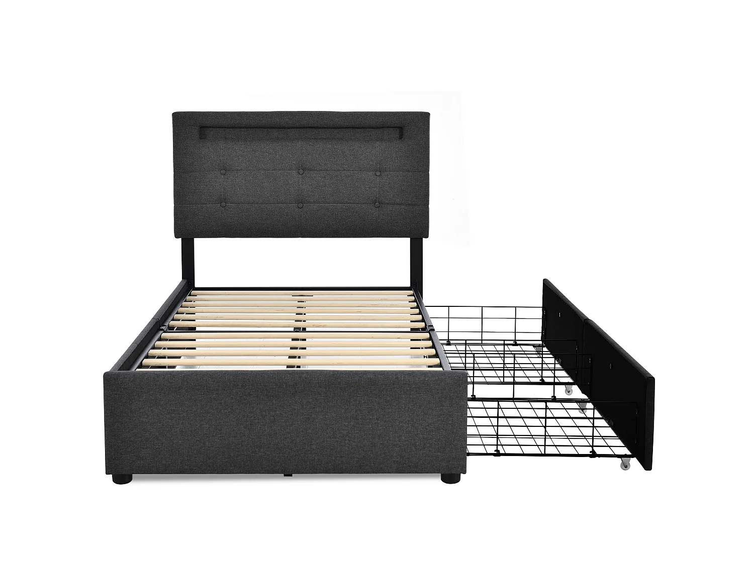 Lit simple 90x200, LED télécommande, 2 tiroirs, cadre bois, tête réglable, antidérapant, sans matelas, design moderne, gris