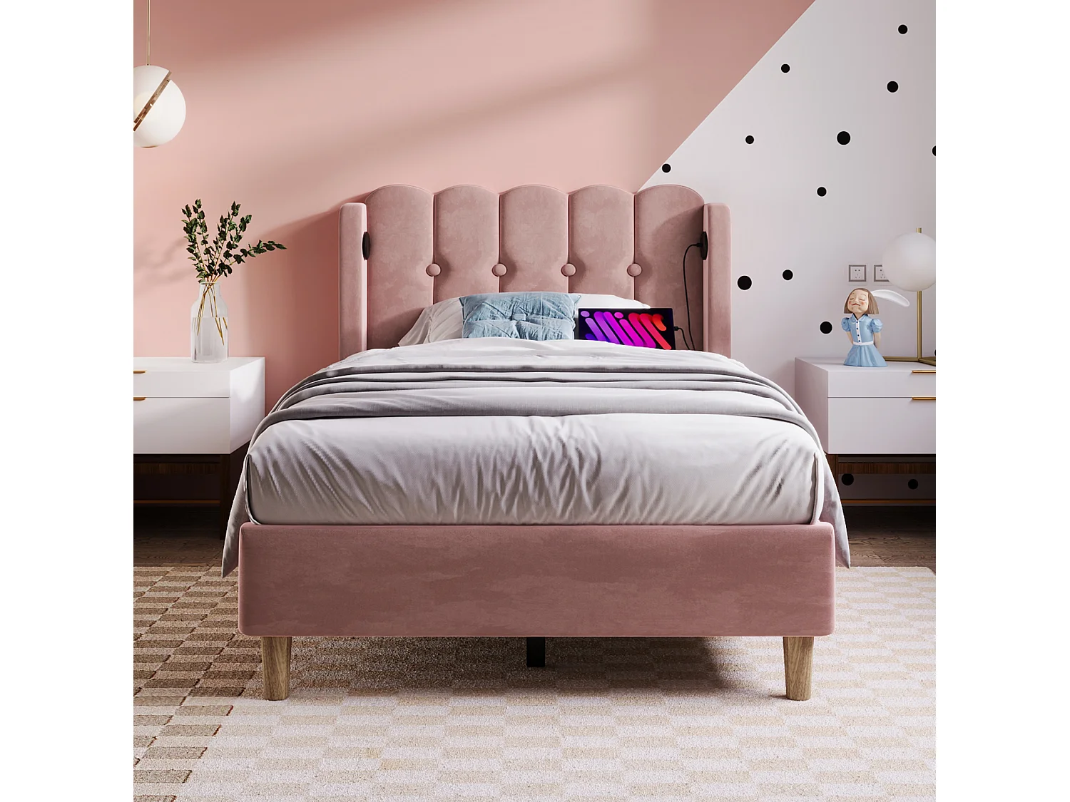 Lit simple 90x200 cm, ports USB Type-C, tête de lit panel, cadre robuste, sommier inclus, sans matelas, lin rose