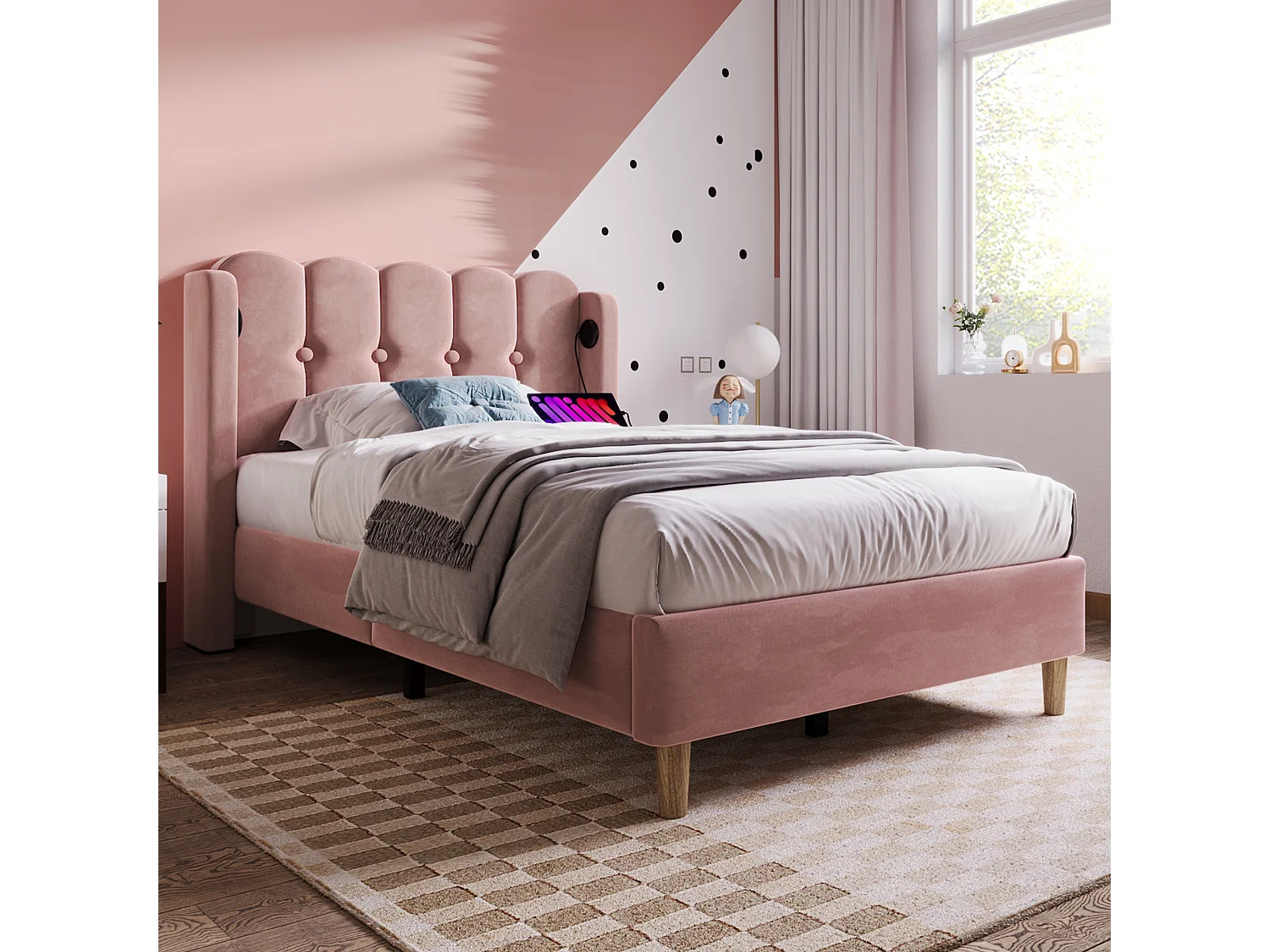 Lit simple 90x200 cm, ports USB Type-C, tête de lit panel, cadre robuste, sommier inclus, sans matelas, lin rose