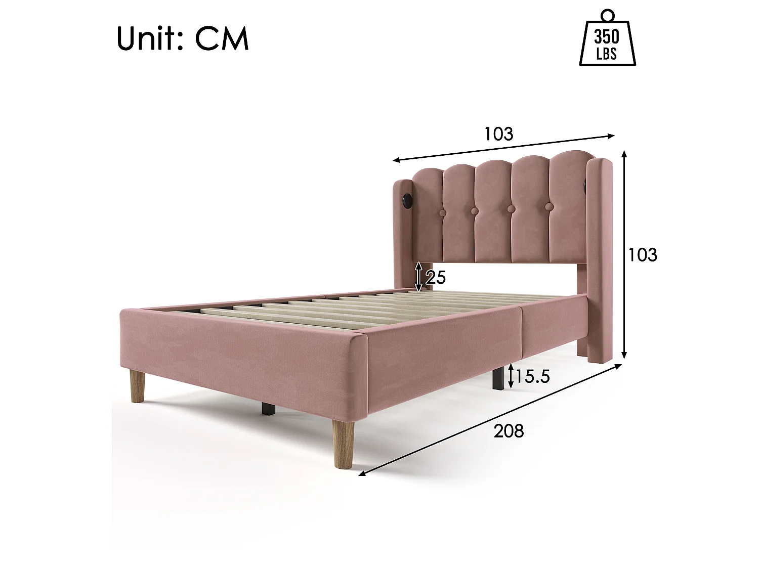 Lit simple 90x200 cm, ports USB Type-C, tête de lit panel, cadre robuste, sommier inclus, sans matelas, lin rose