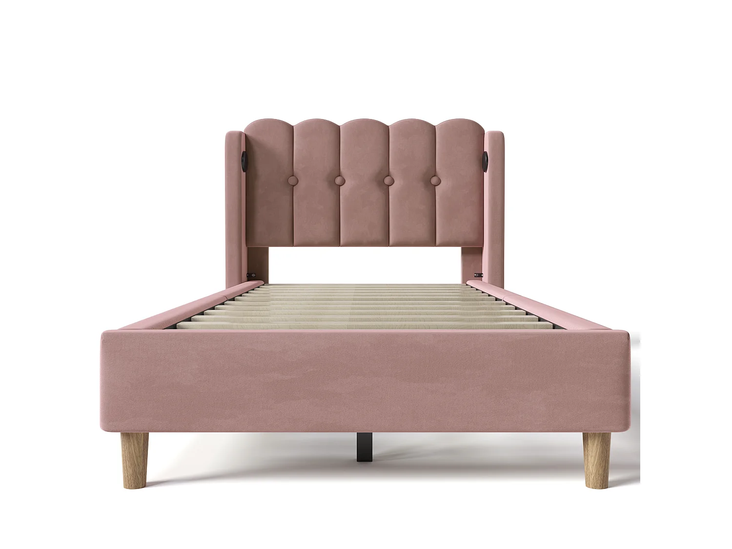 Lit simple 90x200 cm, ports USB Type-C, tête de lit panel, cadre robuste, sommier inclus, sans matelas, lin rose