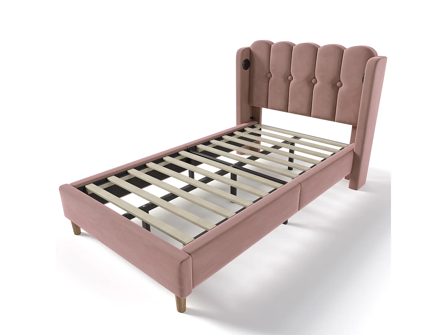 Lit simple 90x200 cm, ports USB Type-C, tête de lit panel, cadre robuste, sommier inclus, sans matelas, lin rose