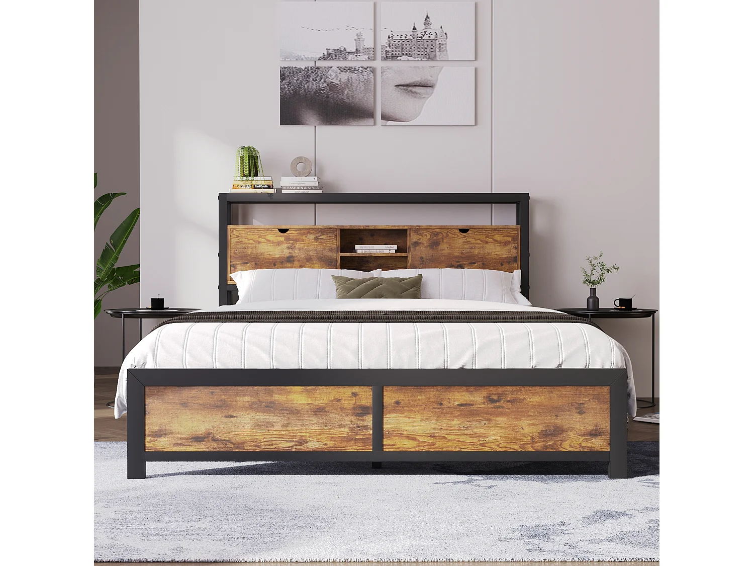 Lit Métal 140x200 avec Rangement Tête de Lit, Étagères Bois, Espace Sous-Lit 26.5cm, Sommier Métallique, Montage Facile