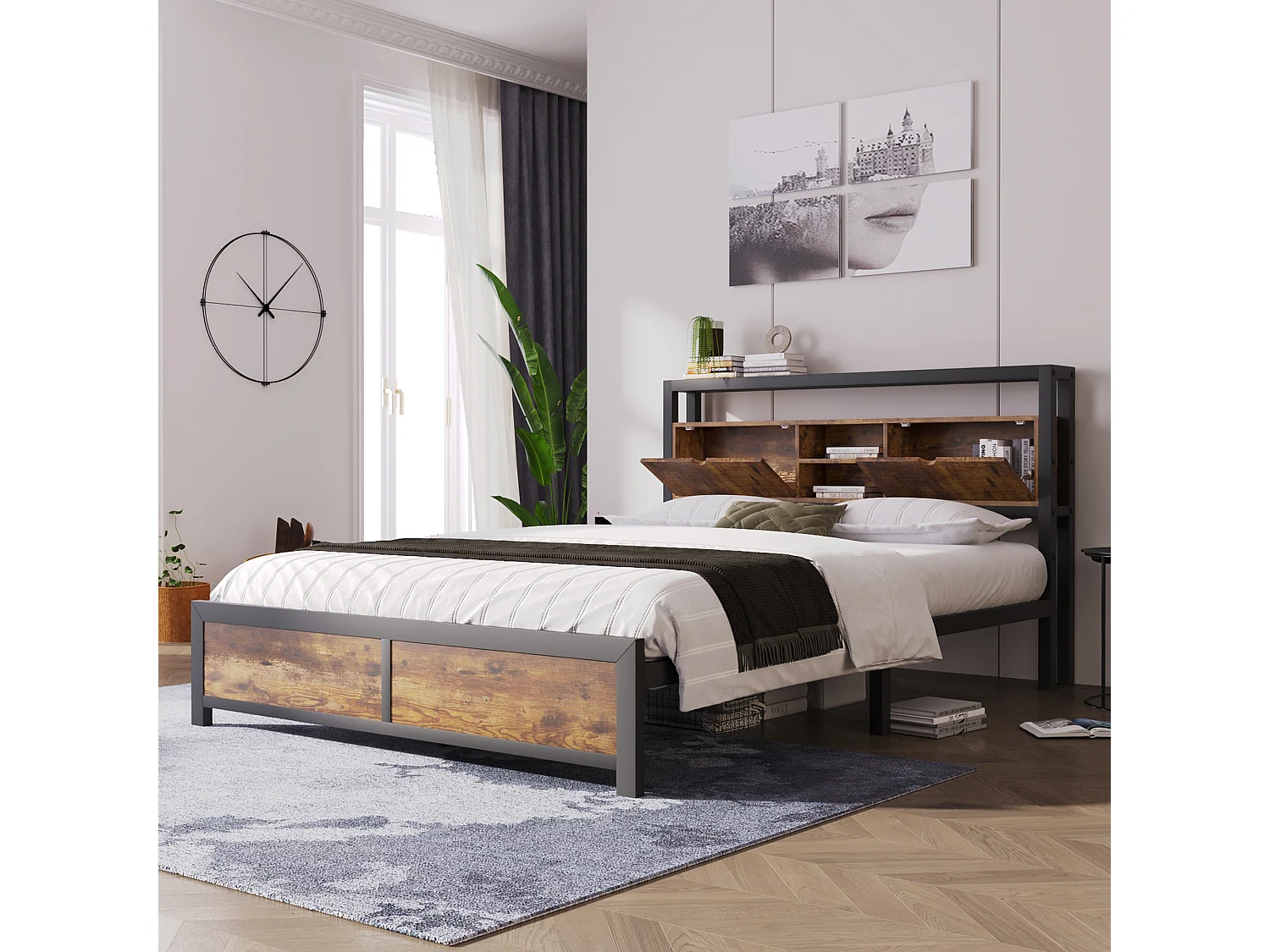 Lit Métal 140x200 avec Rangement Tête de Lit, Étagères Bois, Espace Sous-Lit 26.5cm, Sommier Métallique, Montage Facile