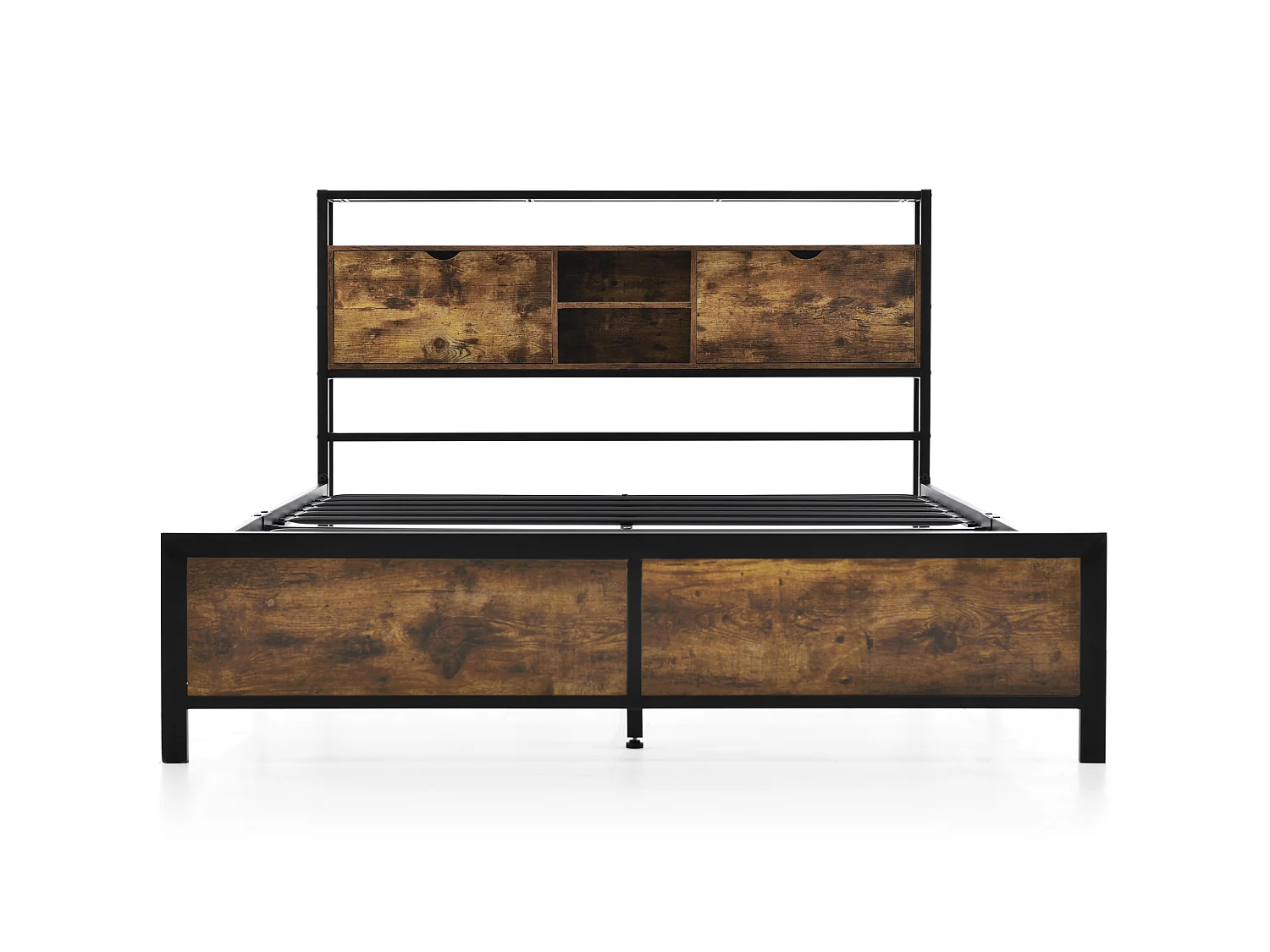 Lit Métal 140x200 avec Rangement Tête de Lit, Étagères Bois, Espace Sous-Lit 26.5cm, Sommier Métallique, Montage Facile