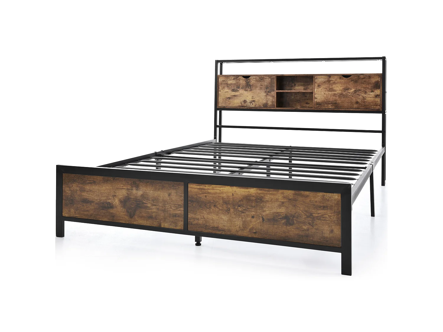 Lit Métal 140x200 avec Rangement Tête de Lit, Étagères Bois, Espace Sous-Lit 26.5cm, Sommier Métallique, Montage Facile
