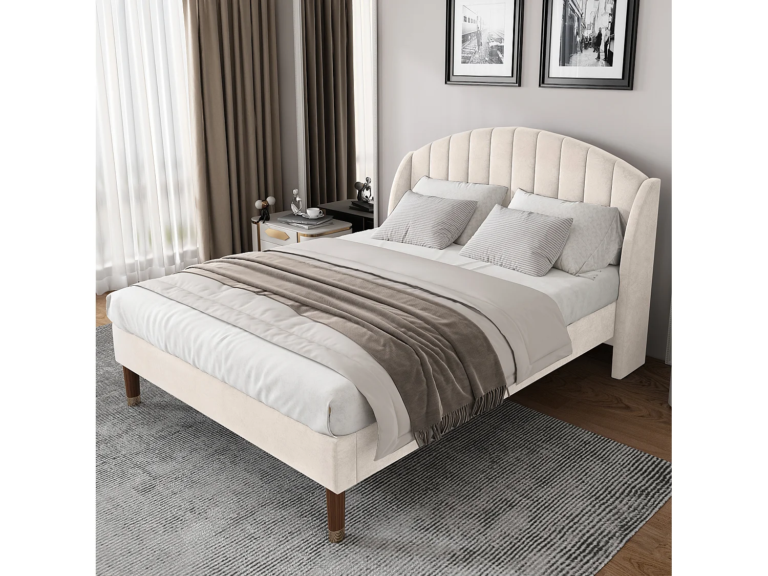 Lit rembourré 140x190, tête de lit haute, sommier à lattes bois, montage facile, pieds 20cm, design moderne, velours beige