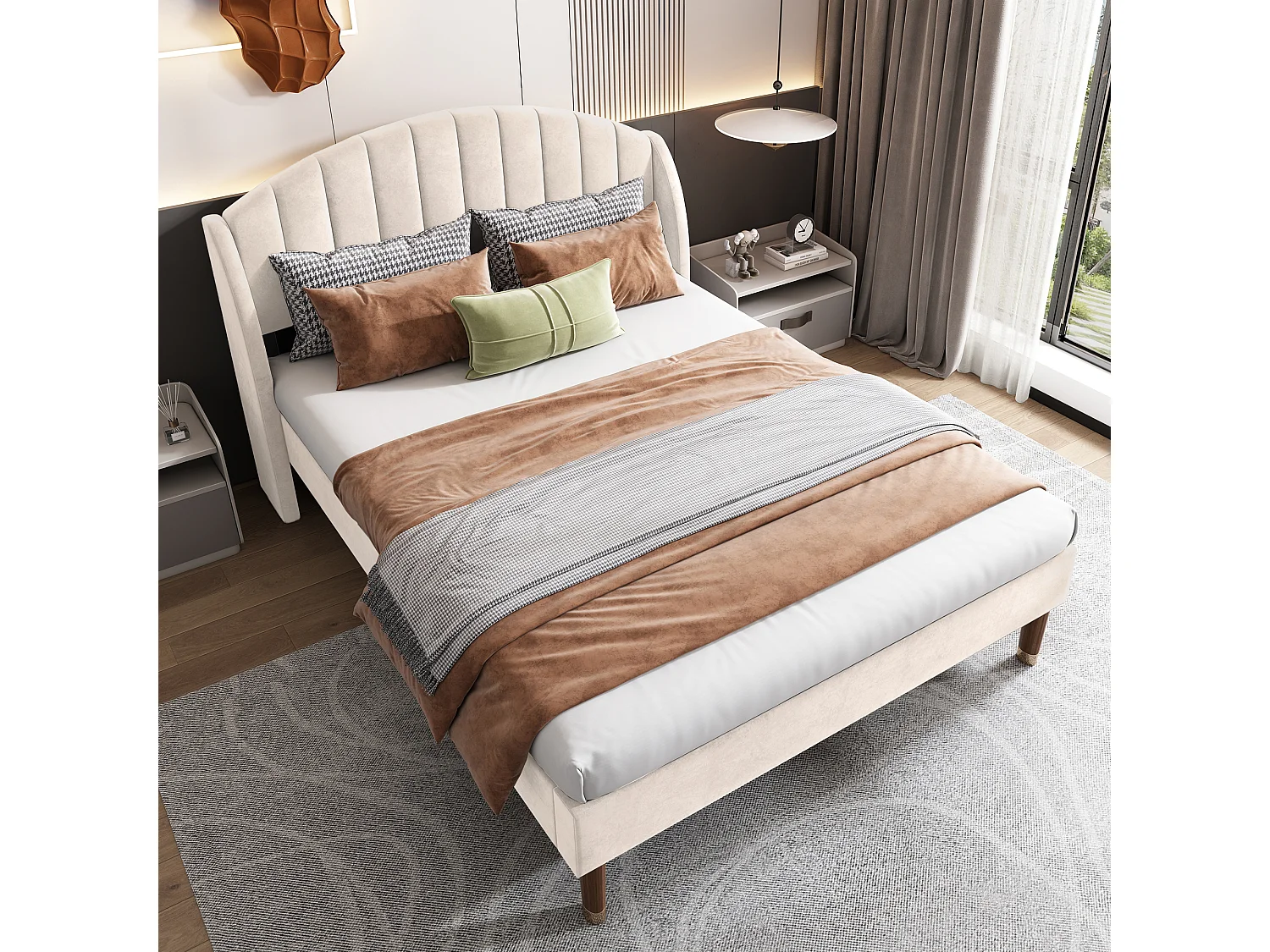 Lit rembourré 140x190, tête de lit haute, sommier à lattes bois, montage facile, pieds 20cm, design moderne, velours beige