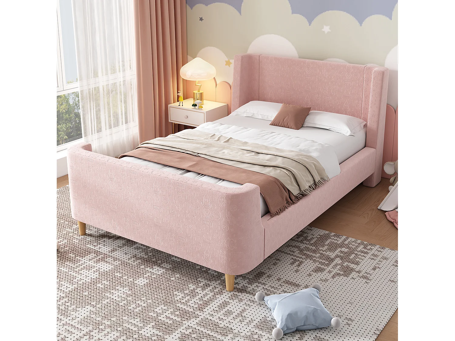 Lit Enfant 90x200 cm, Velours Doux, Motif Cosmique Espace, Design Traîneau, Tête de Lit Rembourrée, Garçon Fille, Sans Matelas, Rose