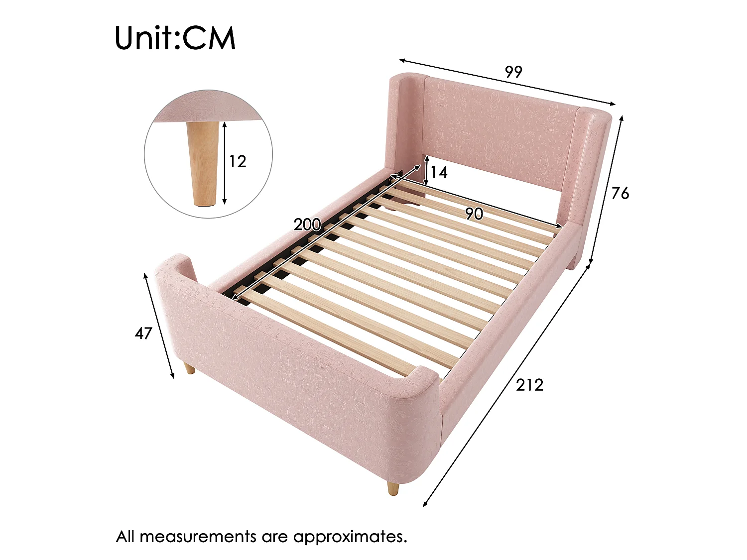 Lit Enfant 90x200 cm, Velours Doux, Motif Cosmique Espace, Design Traîneau, Tête de Lit Rembourrée, Garçon Fille, Sans Matelas, Rose