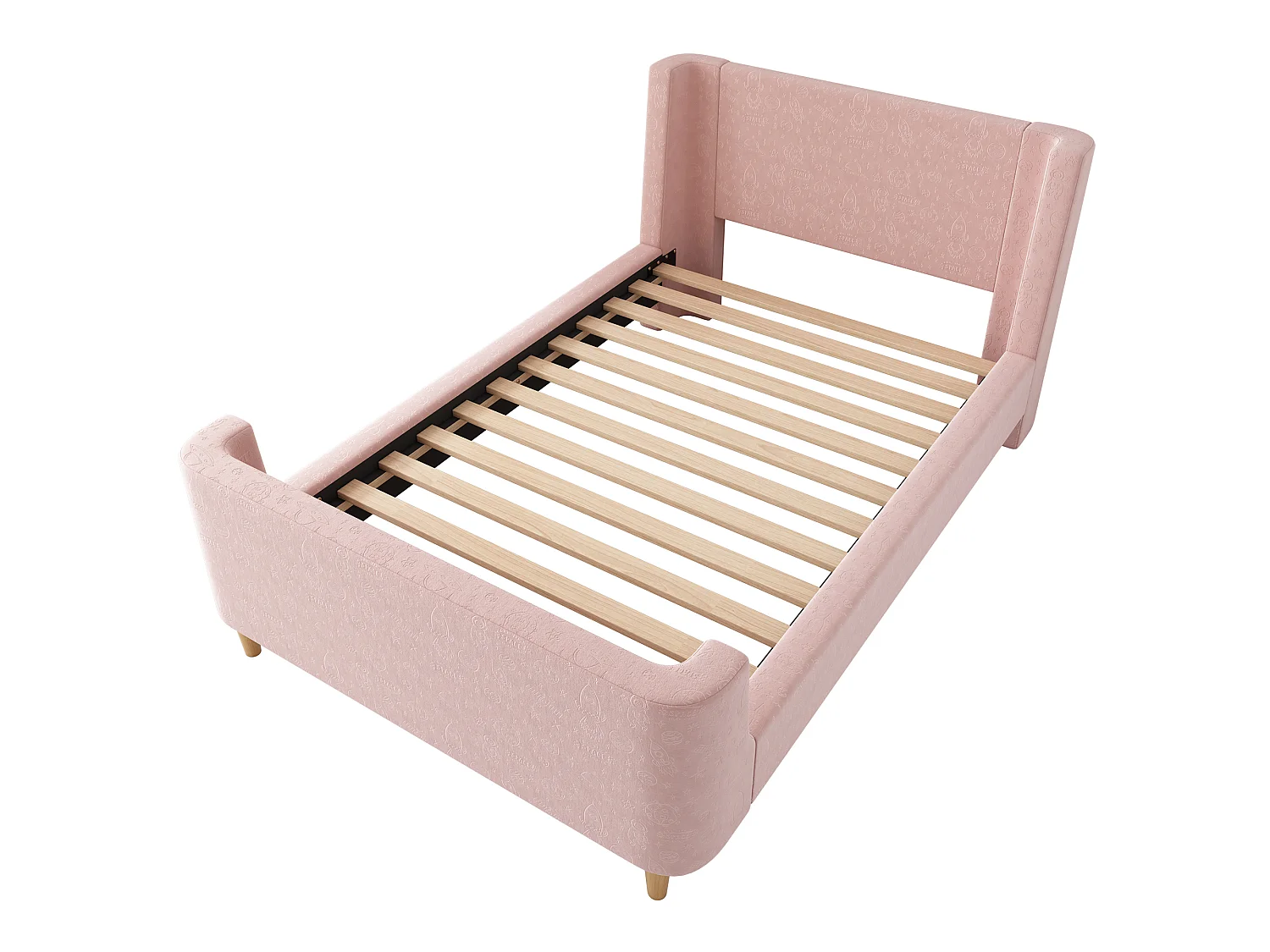 Lit Enfant 90x200 cm, Velours Doux, Motif Cosmique Espace, Design Traîneau, Tête de Lit Rembourrée, Garçon Fille, Sans Matelas, Rose