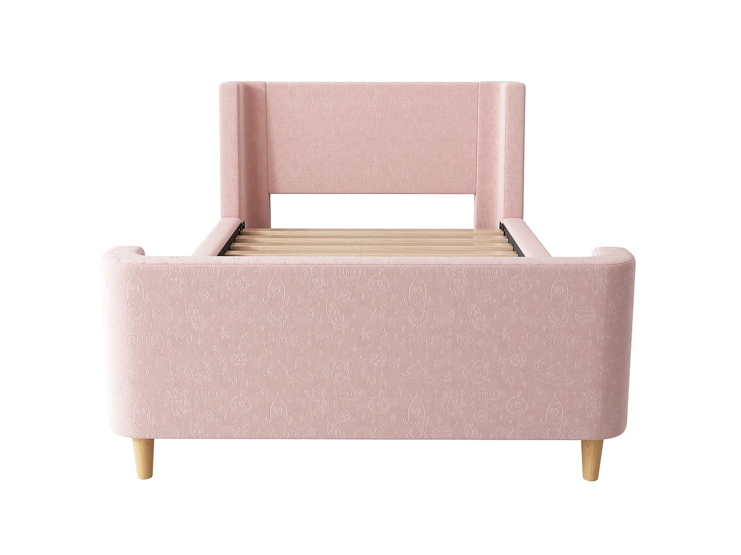 Lit Enfant 90x200 cm, Velours Doux, Motif Cosmique Espace, Design Traîneau, Tête de Lit Rembourrée, Garçon Fille, Sans Matelas, Rose