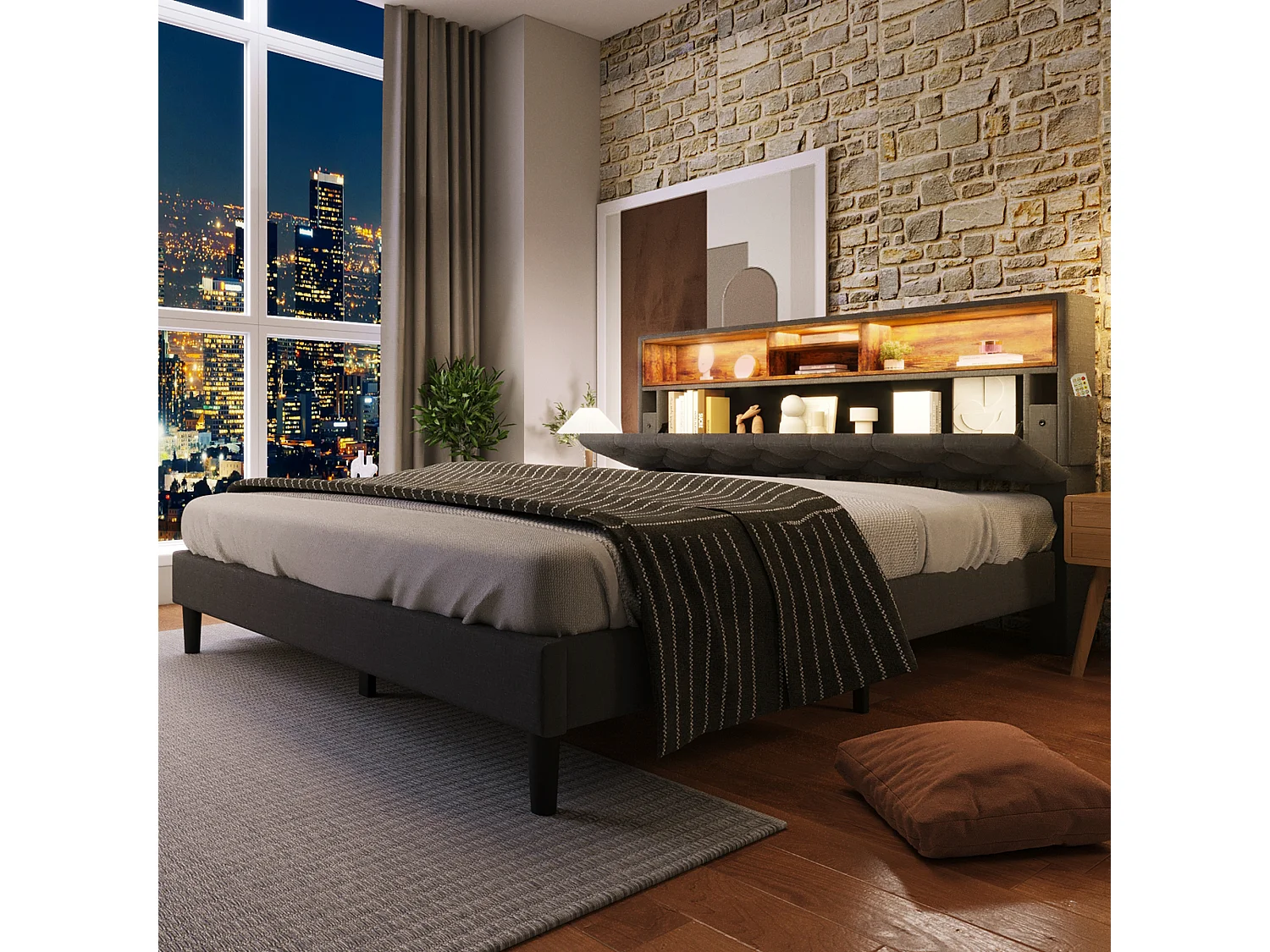 Lit Plateau 140x200 cm, Bois Massif, Tête de Lit Rangement avec 4 Compartiments, LED Intelligente Changeante, Gris