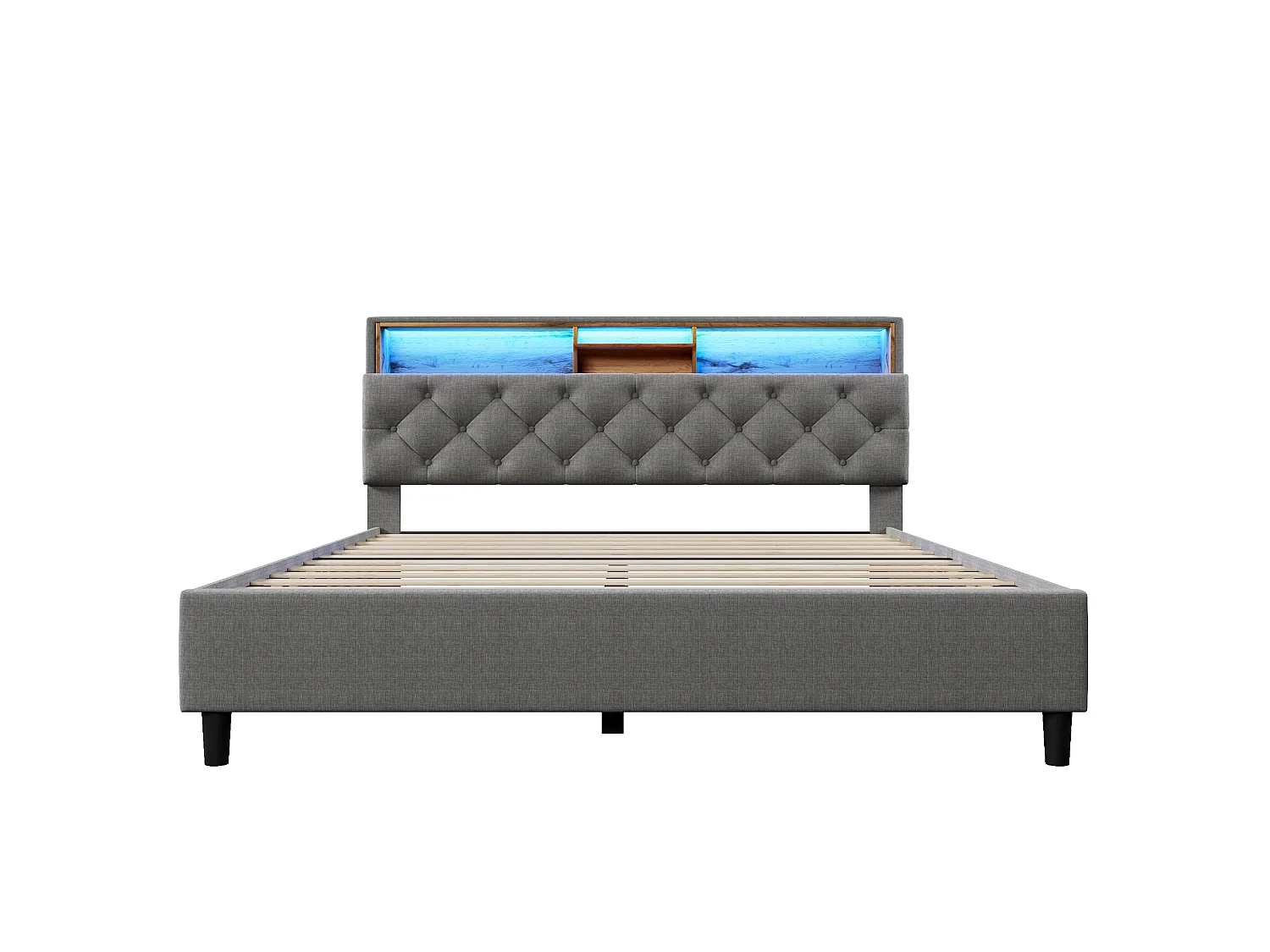 Lit Plateau 140x200 cm, Bois Massif, Tête de Lit Rangement avec 4 Compartiments, LED Intelligente Changeante, Gris