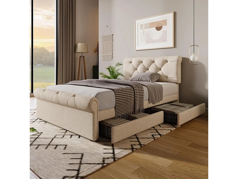 Lit Simple 90x200 cm, Lin, 2 Tiroirs, Tête Réglable, Chesterfield, Boutons, Lattes Velcro, Pieds Métal, Sans Matelas, Naturel