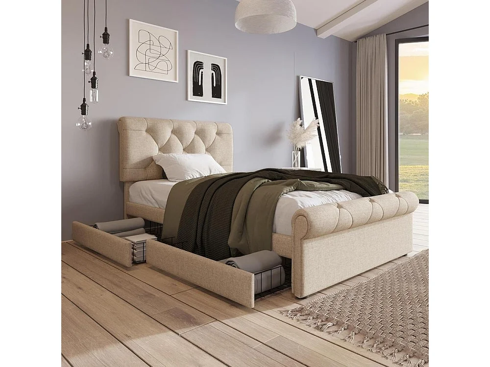 Lit Simple 90x200 cm, Lin, 2 Tiroirs, Tête Réglable, Chesterfield, Boutons, Lattes Velcro, Pieds Métal, Sans Matelas, Naturel
