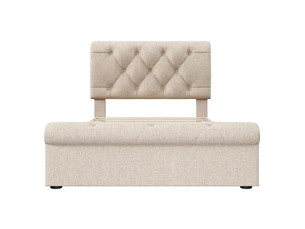 Lit Simple 90x200 cm, Lin, 2 Tiroirs, Tête Réglable, Chesterfield, Boutons, Lattes Velcro, Pieds Métal, Sans Matelas, Naturel