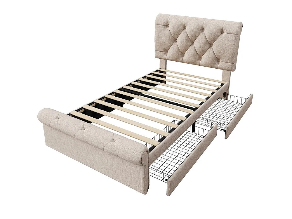 Lit Simple 90x200 cm, Lin, 2 Tiroirs, Tête Réglable, Chesterfield, Boutons, Lattes Velcro, Pieds Métal, Sans Matelas, Naturel