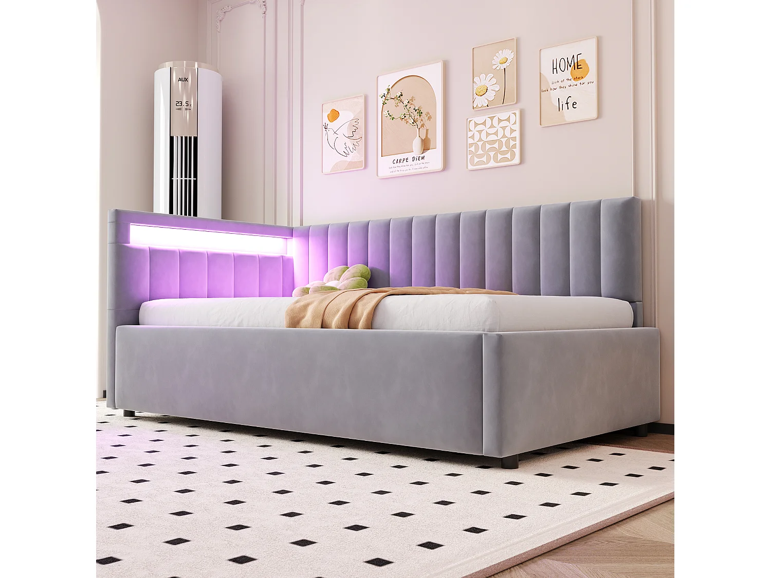 Canapé lit tapissier 90x200 cm avec LED, rangement hydraulique, têtes latérales réversibles, rayures verticales, velours gris clair