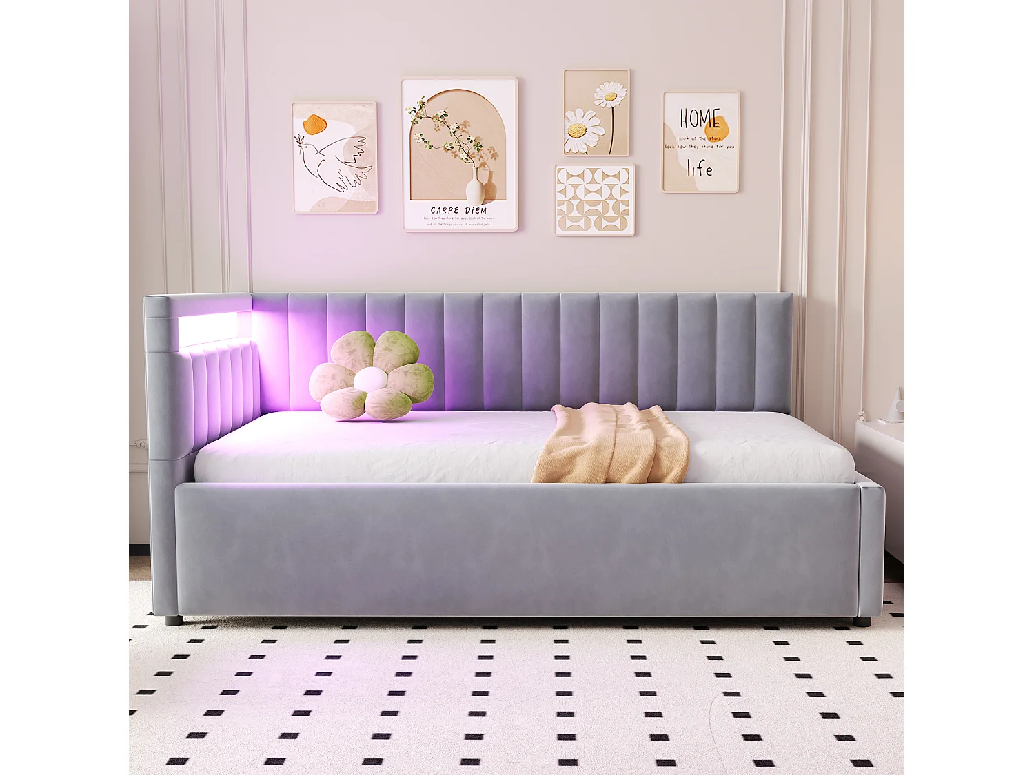 Canapé lit tapissier 90x200 cm avec LED, rangement hydraulique, têtes latérales réversibles, rayures verticales, velours gris clair